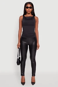 Womens Faux Leather Fleece Lined Pintuck Leggings, Black, Size M