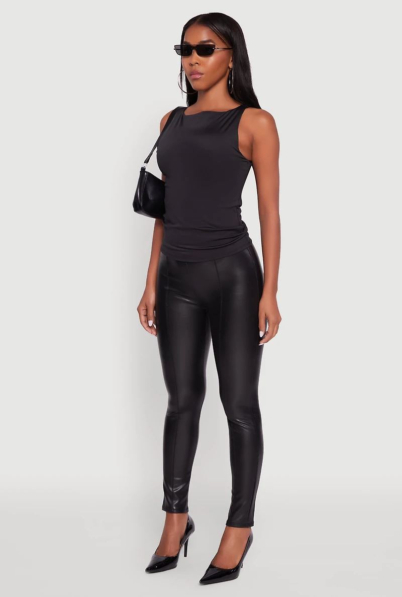 Womens Faux Leather Fleece Lined Pintuck Leggings, Black,