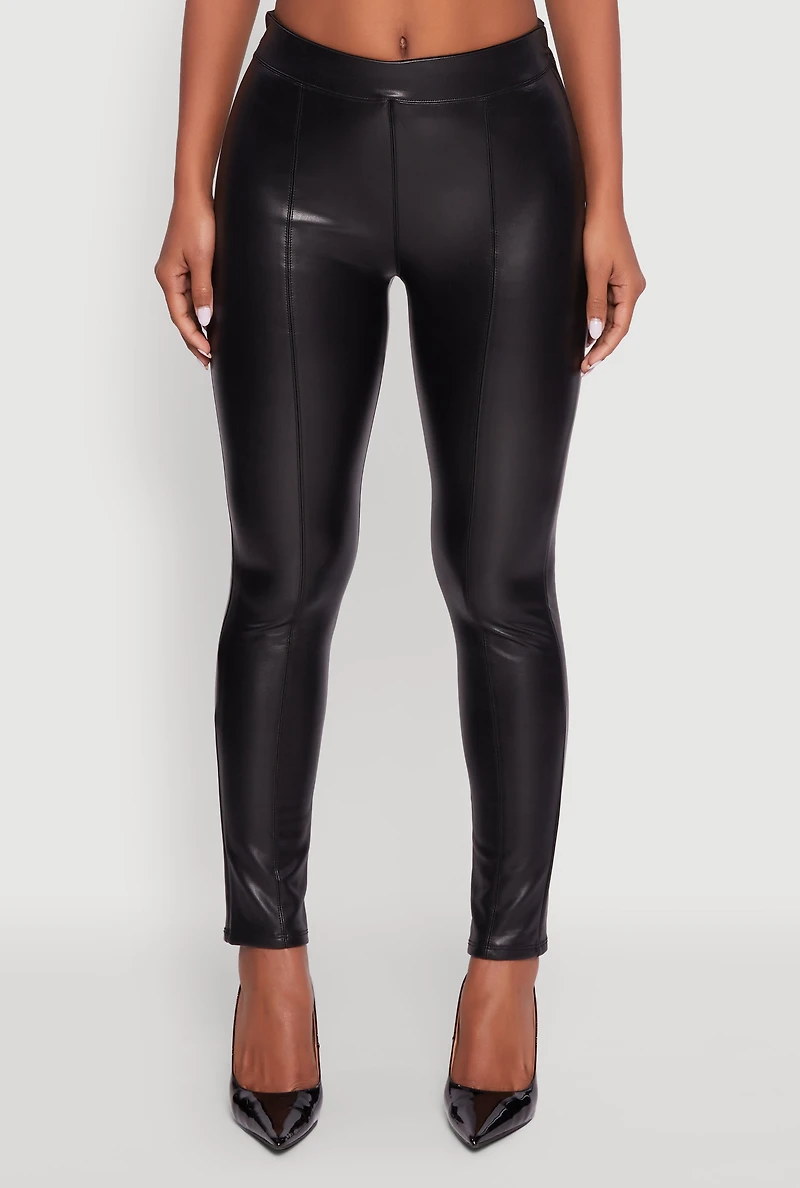 Womens Faux Leather Fleece Lined Pintuck Leggings, Black,