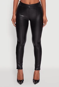 Womens Faux Leather Fleece Lined Pintuck Leggings, Black, Size M