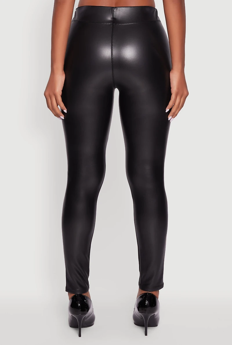 Womens Faux Leather Fleece Lined Pintuck Leggings, Black,