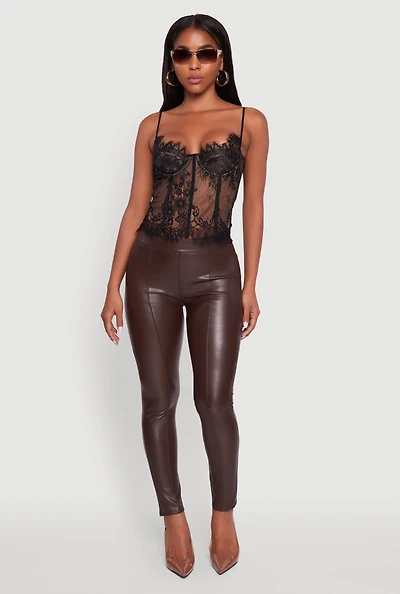 Womens Faux Leather Fleece Lined Pintuck Leggings, Brown, Size S