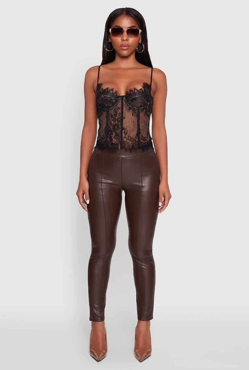 Womens Faux Leather Fleece Lined Pintuck Leggings, Brown, Size S