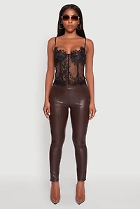 Womens Faux Leather Fleece Lined Pintuck Leggings, Brown, Size S