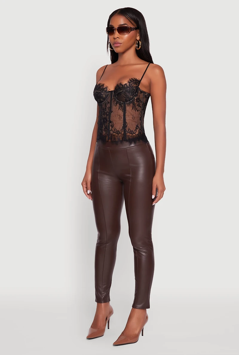 Womens Faux Leather Fleece Lined Pintuck Leggings, Brown, Size S