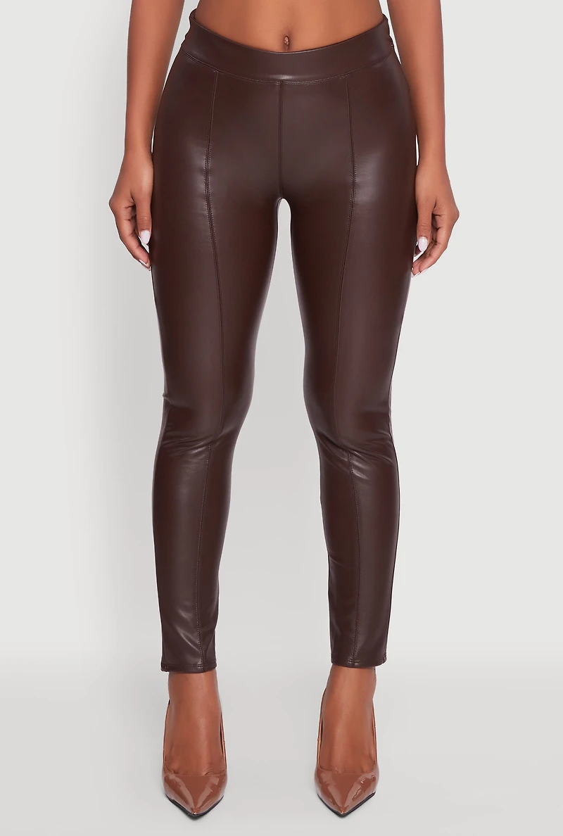 Womens Faux Leather Fleece Lined Pintuck Leggings, Brown, Size S