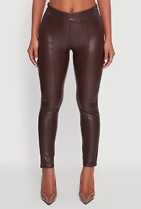 Womens Faux Leather Fleece Lined Pintuck Leggings, Brown, Size S