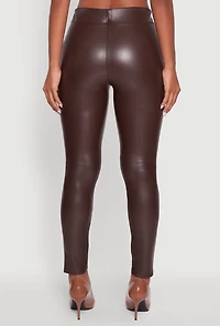 Womens Faux Leather Fleece Lined Pintuck Leggings, Brown, Size S