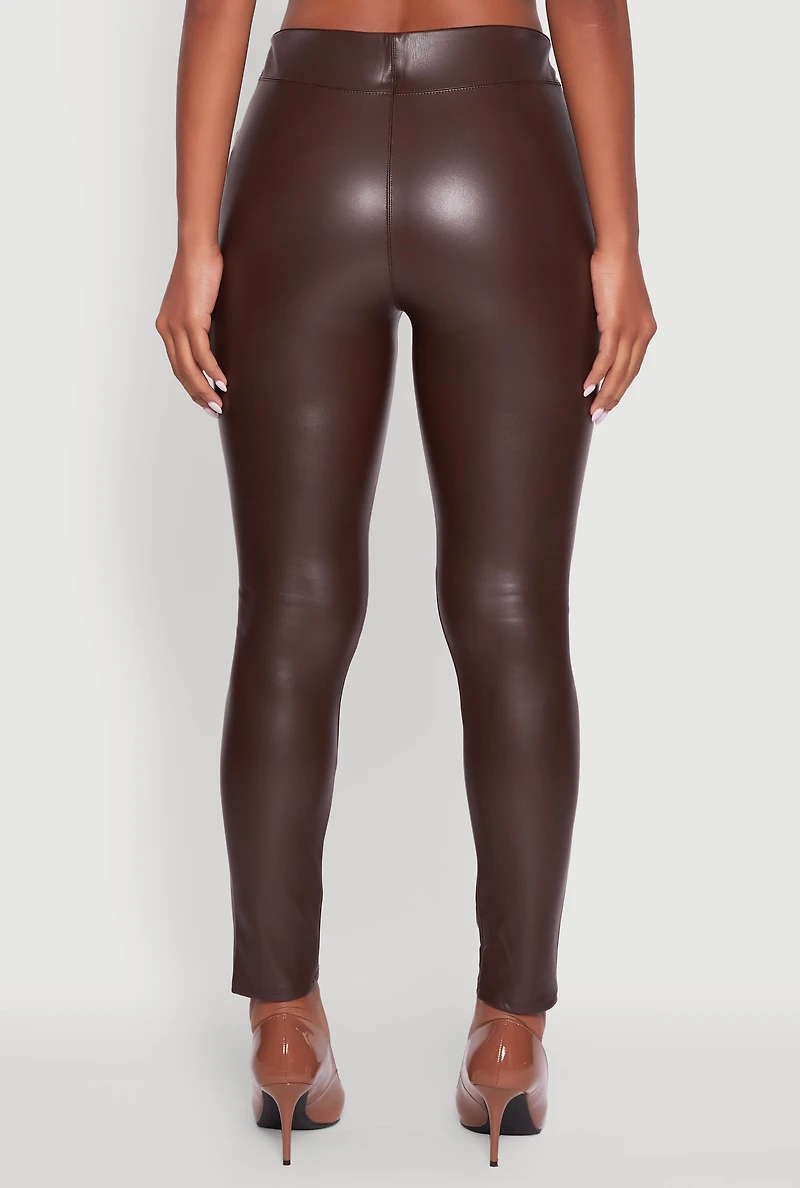 Womens Faux Leather Fleece Lined Pintuck Leggings, Brown, Size M