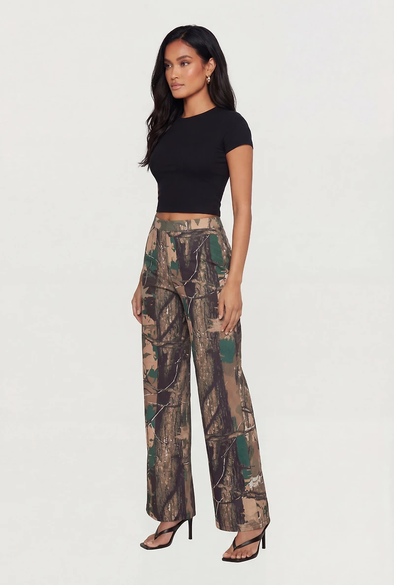 Tree Camo Soft Knit Pull On Wide Leg Pants