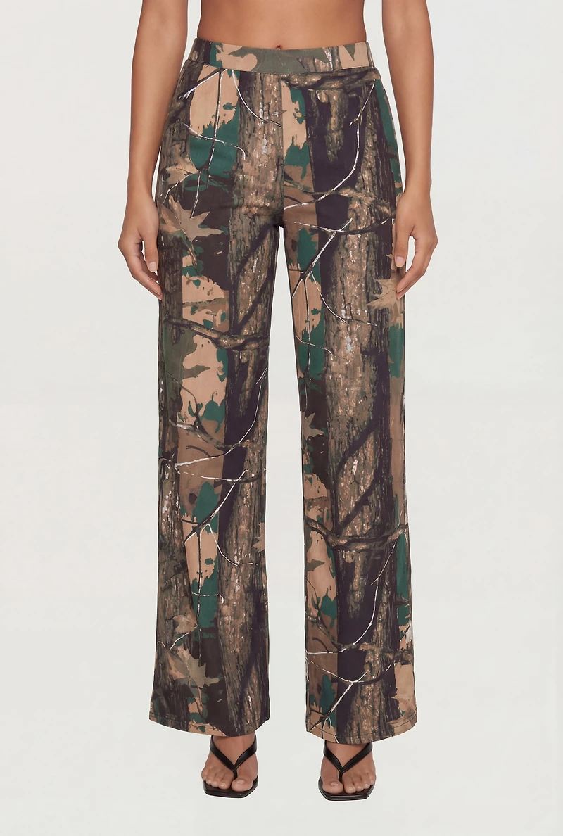 Tree Camo Soft Knit Pull On Wide Leg Pants