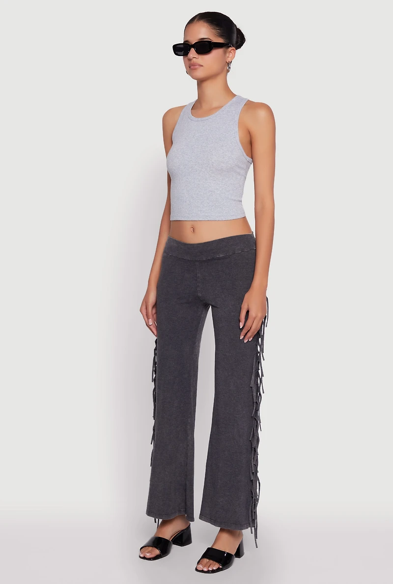 Womens Mineral Wash Fringe Side Flared Pants, Grey, Size L
