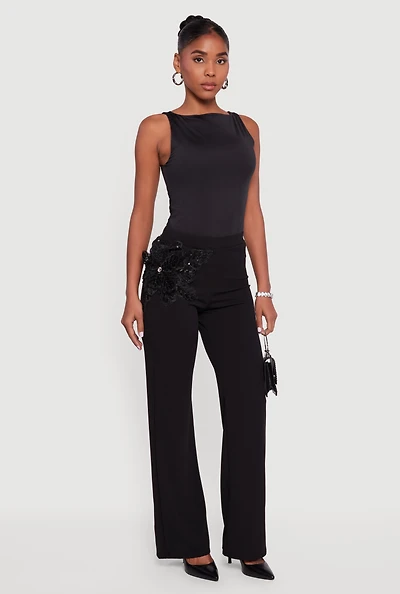 Womens 3D Flower Applique Pull On Pants, Black, Size M