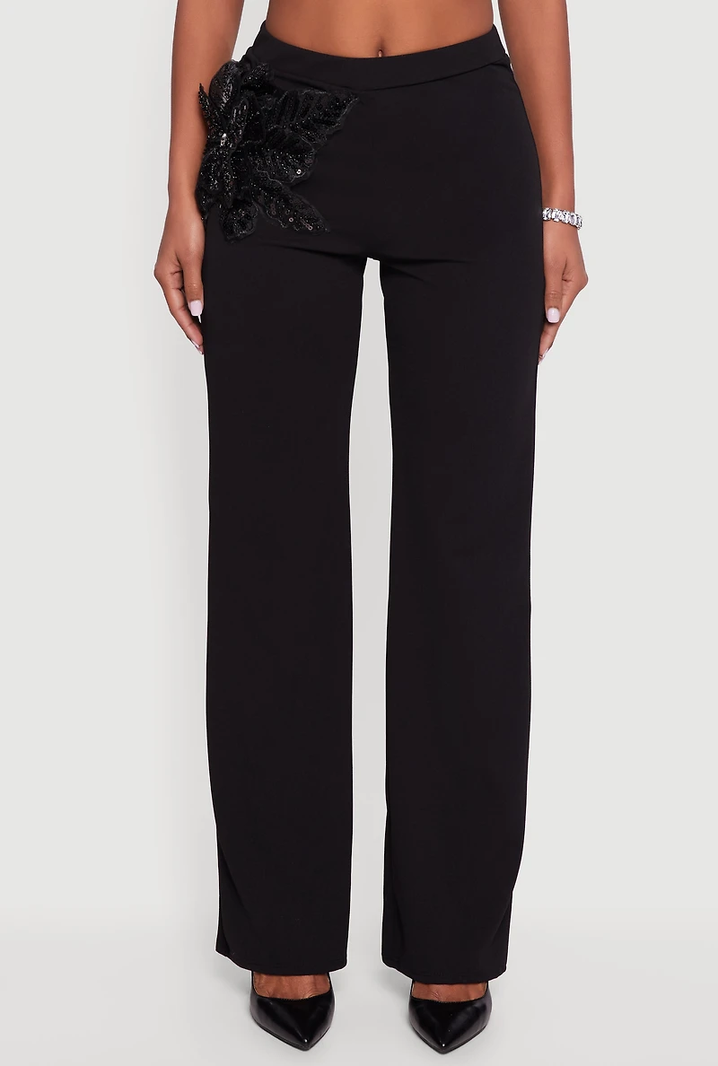 Womens 3D Flower Applique Pull On Pants, Black, Size M