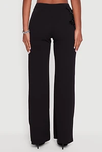 Womens 3D Flower Applique Pull On Pants, Black, Size M