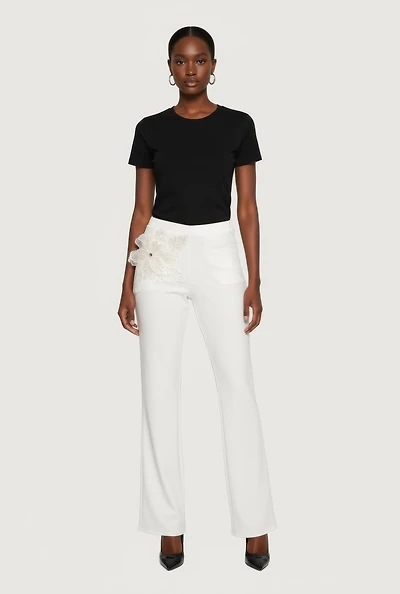 Womens 3D Flower Applique Pull On Pants, White, Size L