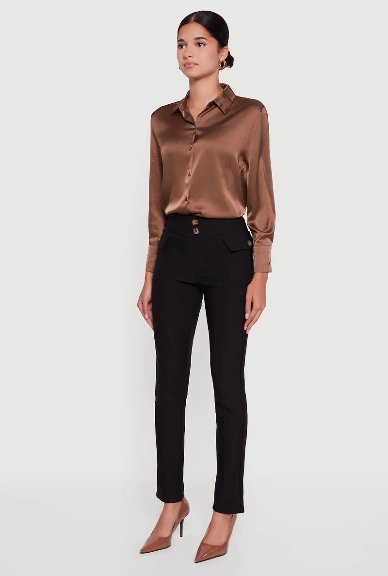 Womens Slim Leg Scuba Dress Pants with Cargo Pockets, Black, Size S