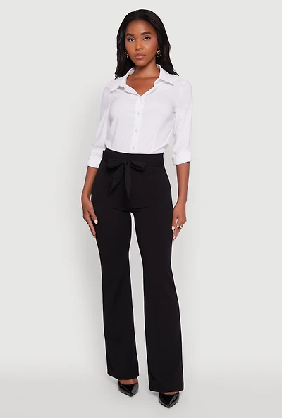 Womens High Waisted Crepe Knit Tie Front Dress Pants, Black,