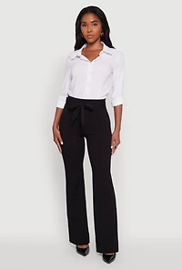 Womens High Waisted Crepe Knit Tie Front Dress Pants, Black,