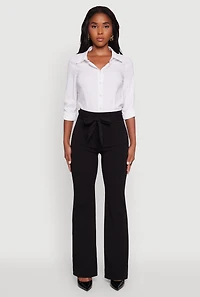Womens High Waisted Crepe Knit Tie Front Dress Pants, Black,