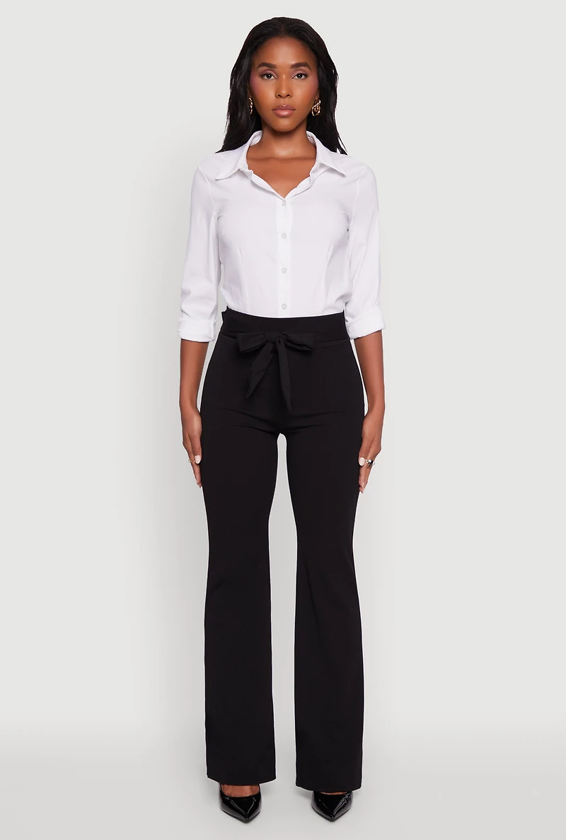 Womens High Waisted Crepe Knit Tie Front Dress Pants, Black, Size M