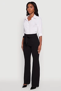 Womens High Waisted Crepe Knit Tie Front Dress Pants, Black,