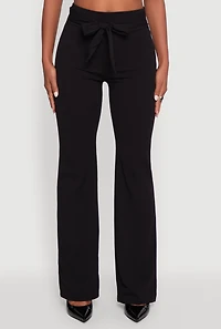 Womens High Waisted Crepe Knit Tie Front Dress Pants, Black,