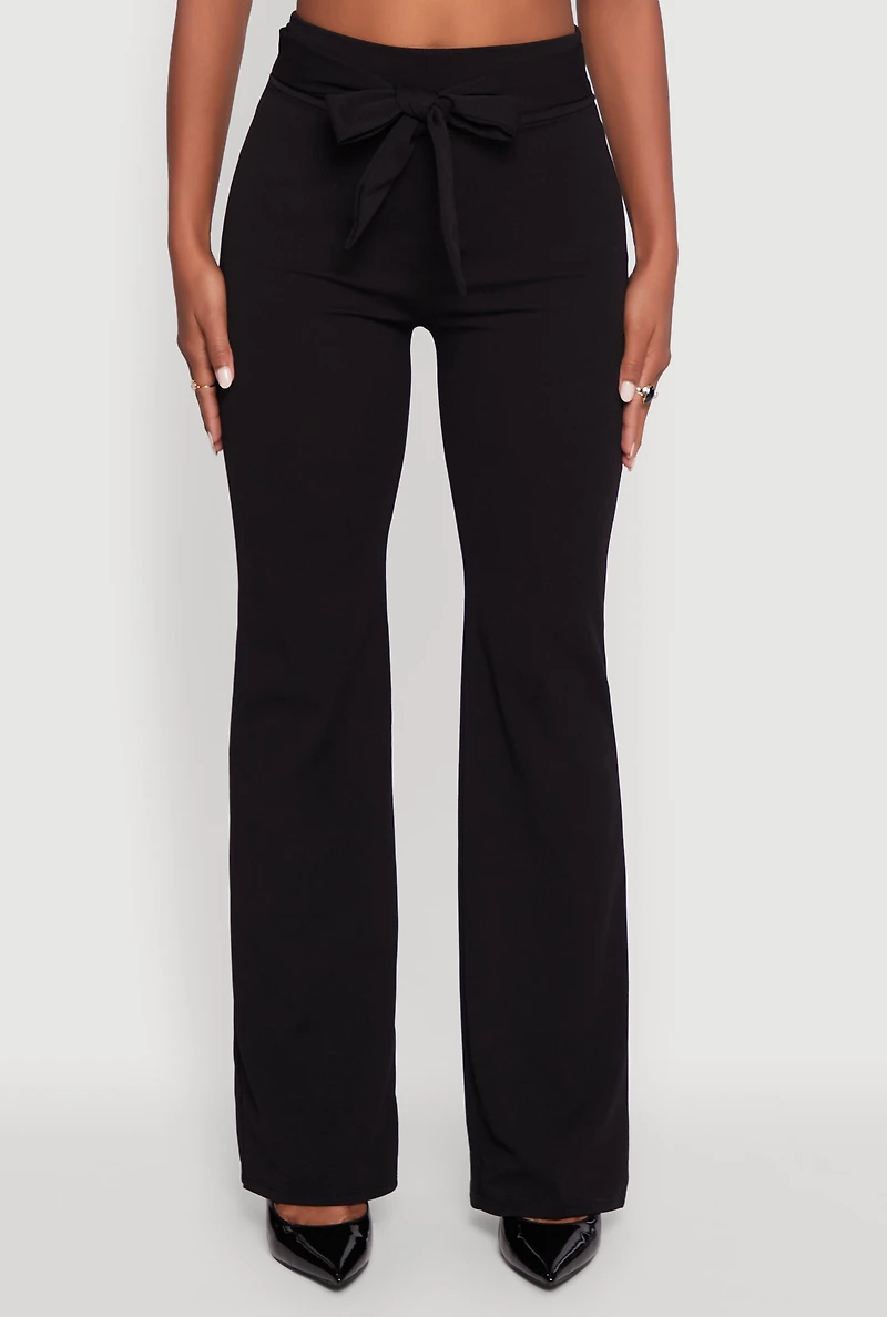 Womens High Waisted Crepe Knit Tie Front Dress Pants, Black, Size S