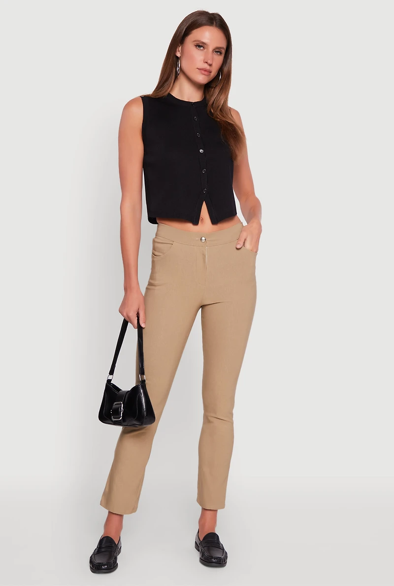 Womens Mid Rise Slim Straight Leg Stretchy Dress Pants, Khaki, Size S