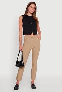 Womens Mid Rise Slim Straight Leg Stretchy Dress Pants, Khaki, Size S