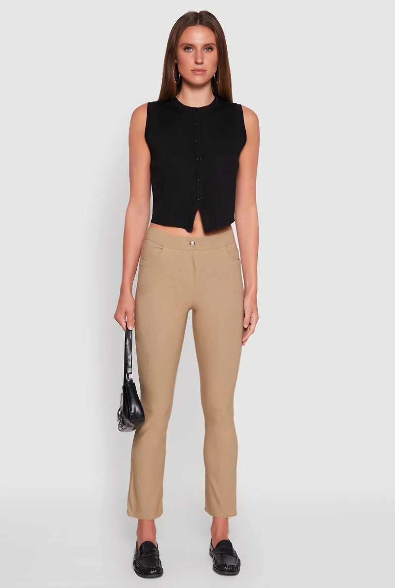 Womens Mid Rise Slim Straight Leg Stretchy Dress Pants, Khaki, Size S