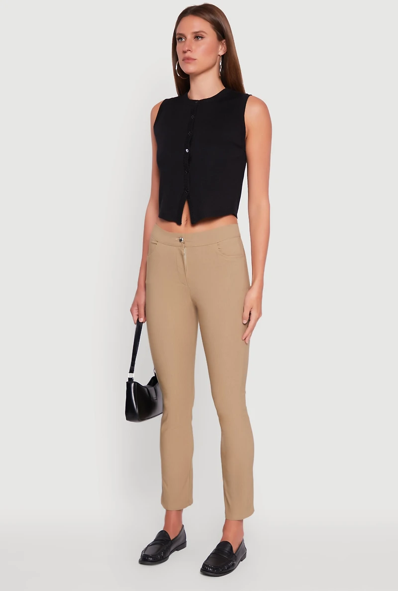 Womens Mid Rise Slim Straight Leg Stretchy Dress Pants, Khaki, Size S