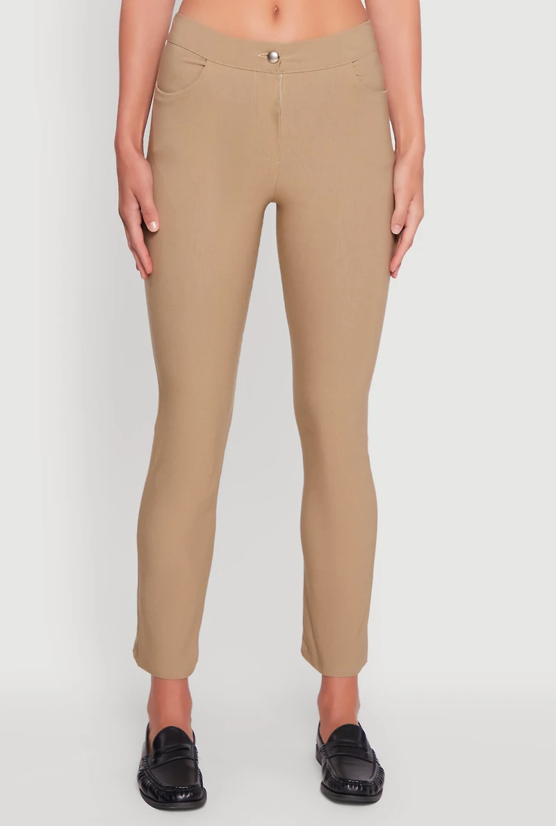 Womens Mid Rise Slim Straight Leg Stretchy Dress Pants, Khaki, Size S