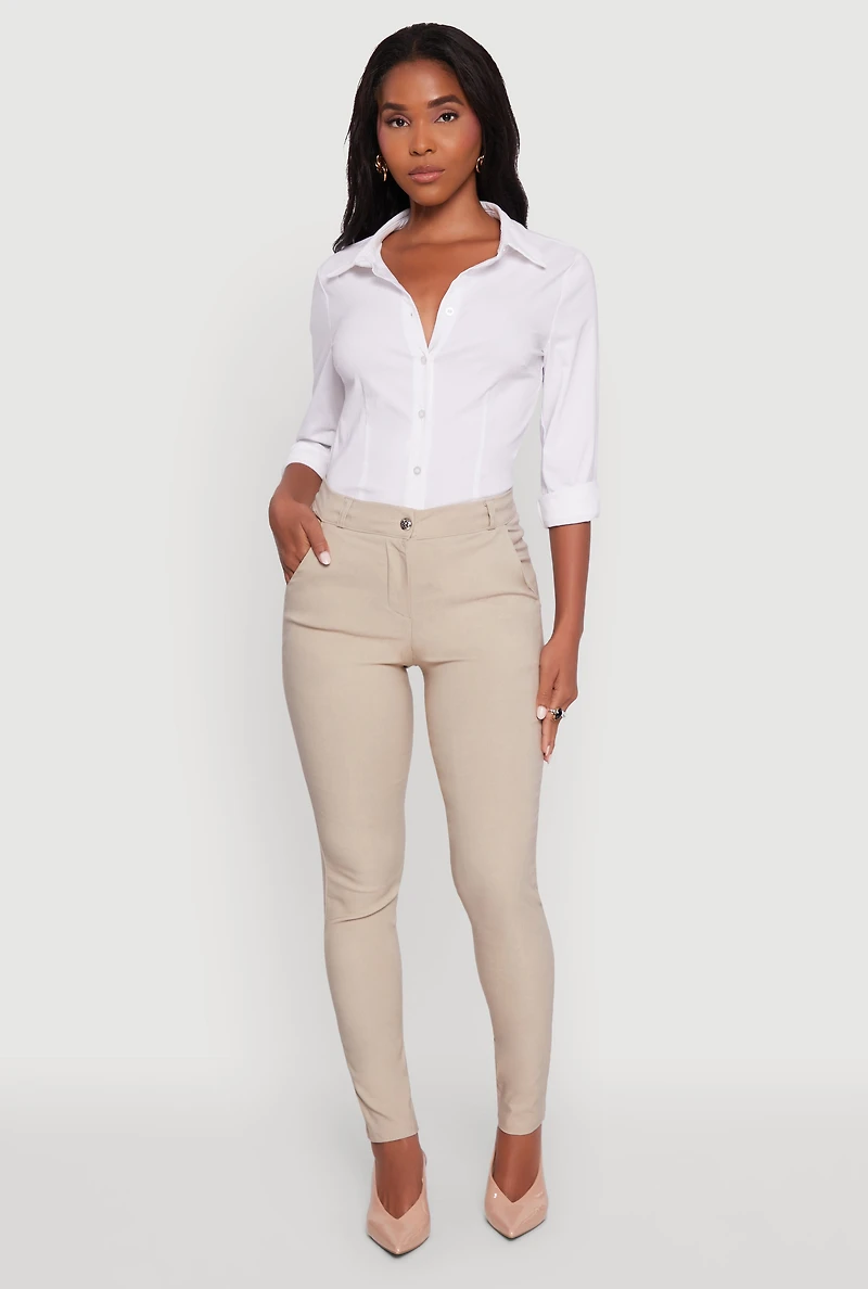 Womens Stretchy High Waisted Skinny Leg Chinos, Beige,