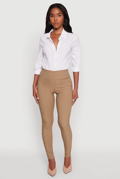 Womens Stretchy Pintuck High Waisted Skinny Leg Chino, Khaki, Size M