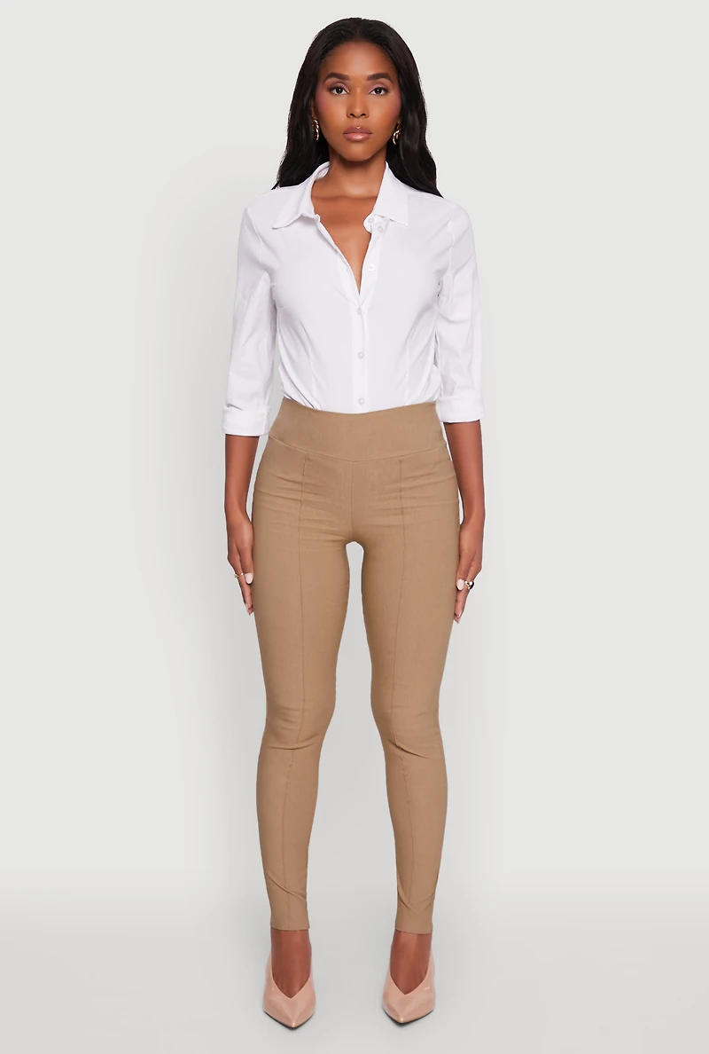 Womens Stretchy Pintuck High Waisted Skinny Leg Chino, Khaki, Size M