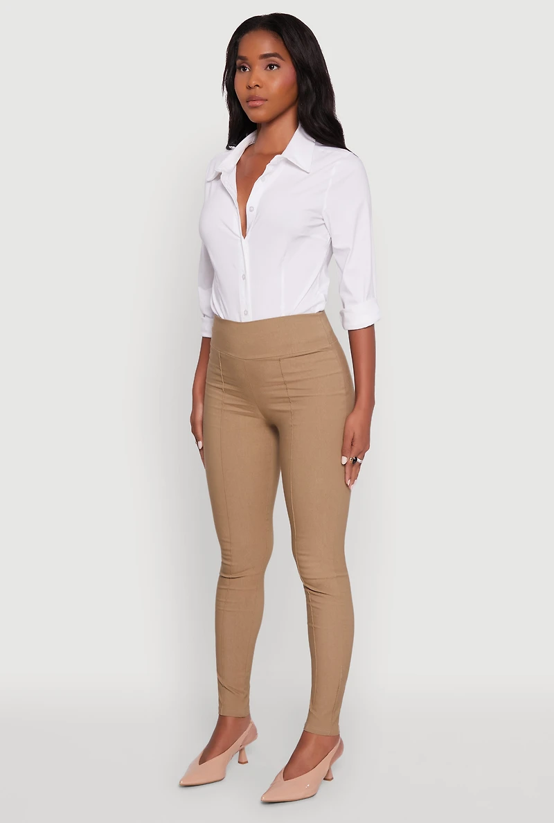 Womens Stretchy Pintuck High Waisted Skinny Leg Chino, Khaki, Size M