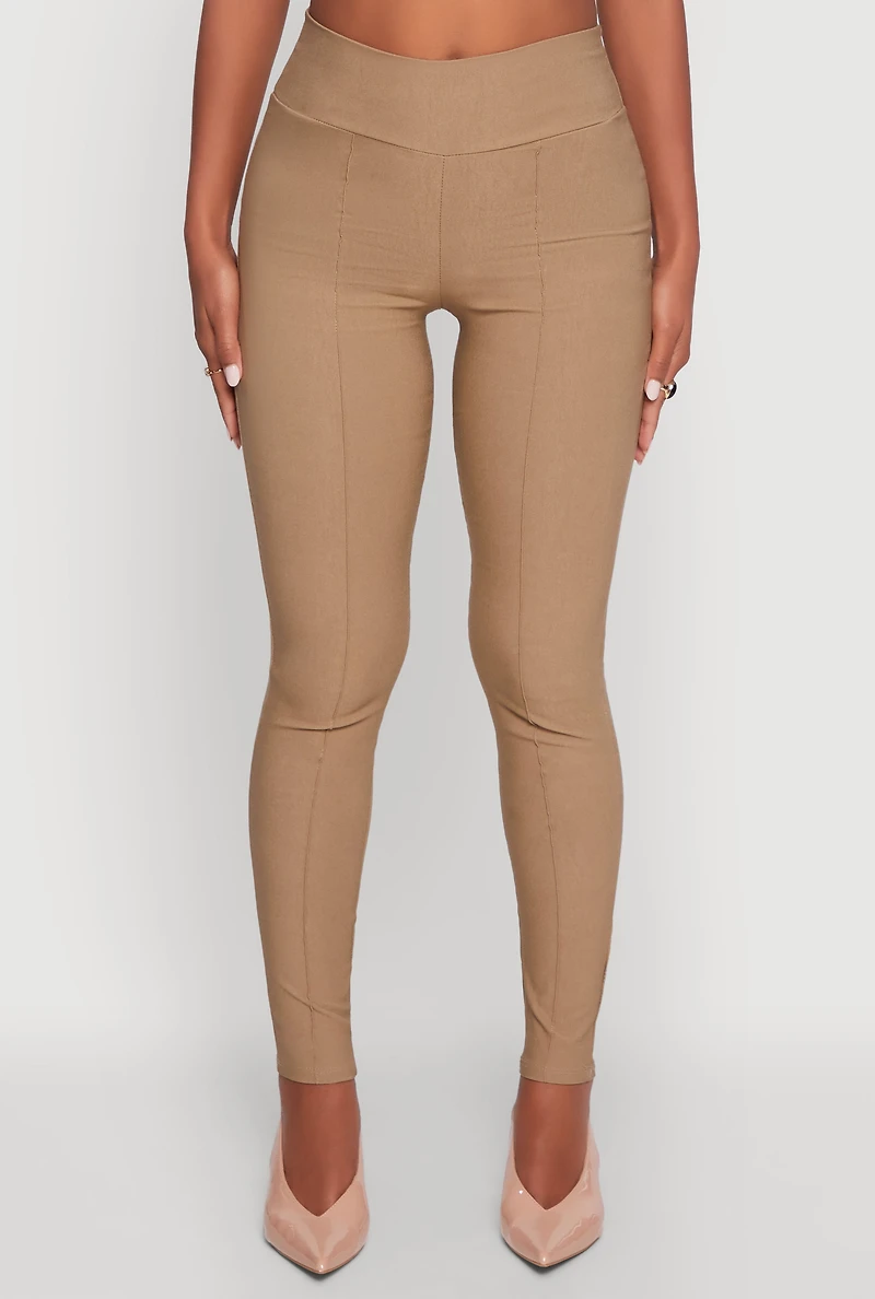 Womens Stretchy Pintuck High Waisted Skinny Leg Chino, Khaki, Size L