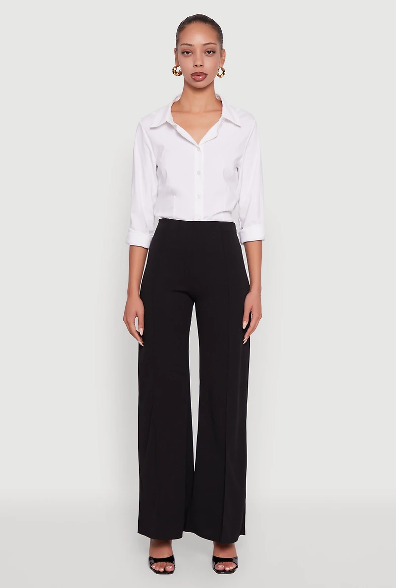 Womens High Waisted Wide Leg Crepe Knit Dress Pants, White, Size XL
