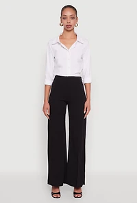 Womens High Waisted Wide Leg Crepe Knit Dress Pants, White, Size L
