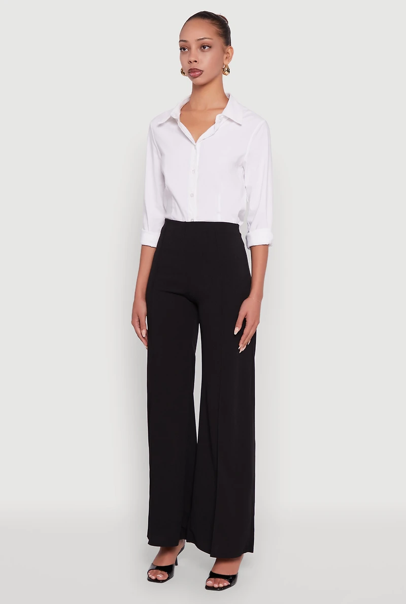 Womens High Waisted Wide Leg Crepe Knit Dress Pants, White, Size XL