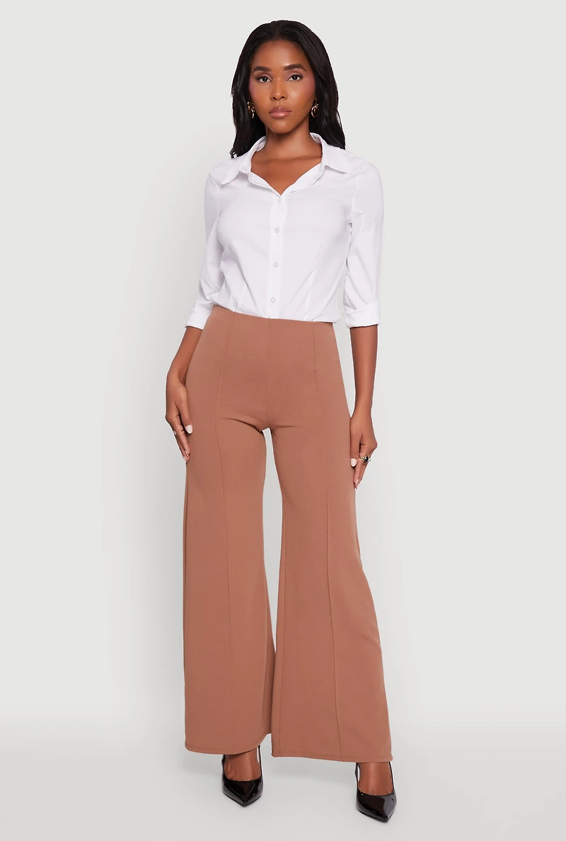 Womens High Waisted Wide Leg Crepe Knit Dress Pants,