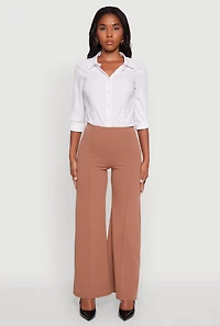 Womens High Waisted Wide Leg Crepe Knit Dress Pants,