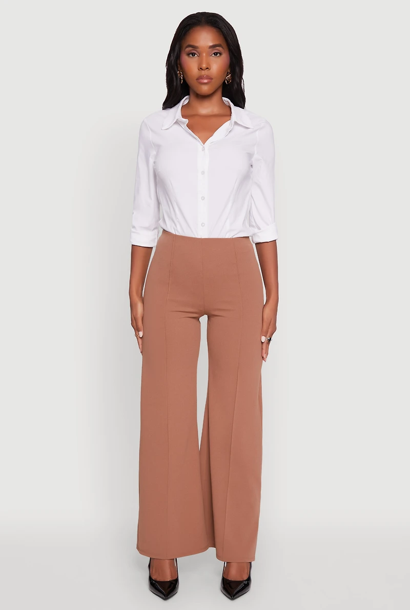 Womens High Waisted Wide Leg Crepe Knit Dress Pants,