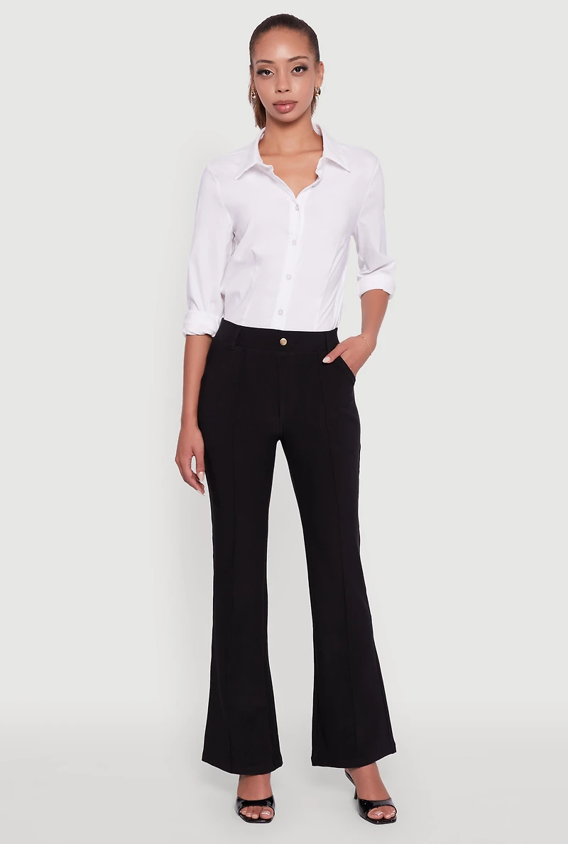 Womens Scuba Pintuck Pull On Flare Pants, Black,