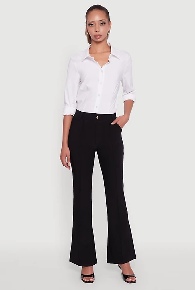 Womens Scuba Pintuck Pull On Flare Pants, Black,