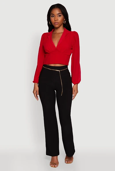 Womens High Waisted Flare Leg Scuba Pants with Metallic Chain Belt, Black, Size XL