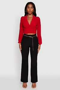 Womens High Waisted Flare Leg Scuba Pants with Metallic Chain Belt, Black, Size XL