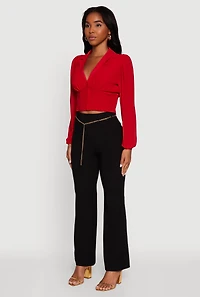 Womens High Waisted Flare Leg Scuba Pants with Metallic Chain Belt, Black, Size XL