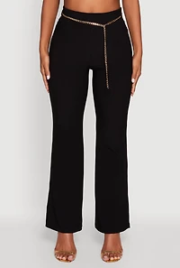Womens High Waisted Flare Leg Scuba Pants with Metallic Chain Belt, Black, Size XL